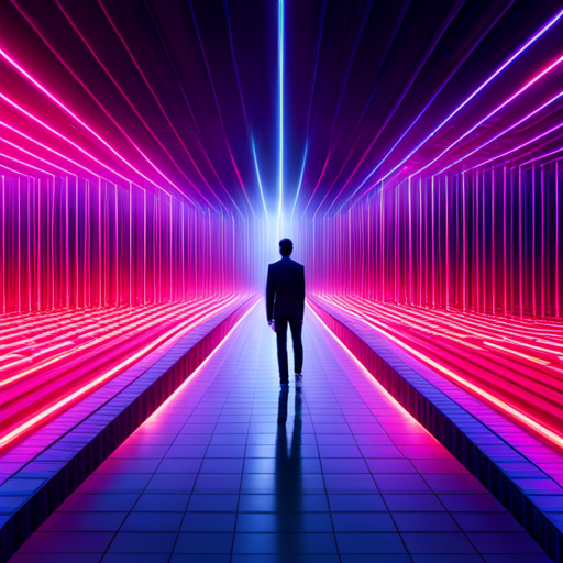 neon lighting, futuristic iconography, geometric shapes, dynamic composition, artificial intelligence, machine learning, neural networks, data visualization, computer-generated imagery, bold colors, sleek surfaces, human-machine interaction, techno-optimism, AI-inspired surrealist art