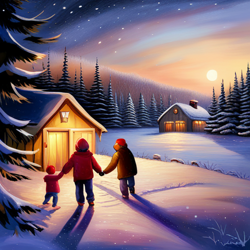 Winter, Children, Christmas Tree, Painting, Snow, Seasonal, Festive, Cold, Joyful, Holidays, Cozy, Traditional, Celebratory, Winter Wonderland, Playful, Whimsical, Magical, Colorful, Illuminated, Family, Love, Happiness, Snowflakes, Decorations, Festivities, Artistic, Light and Shadows, Soft Tones