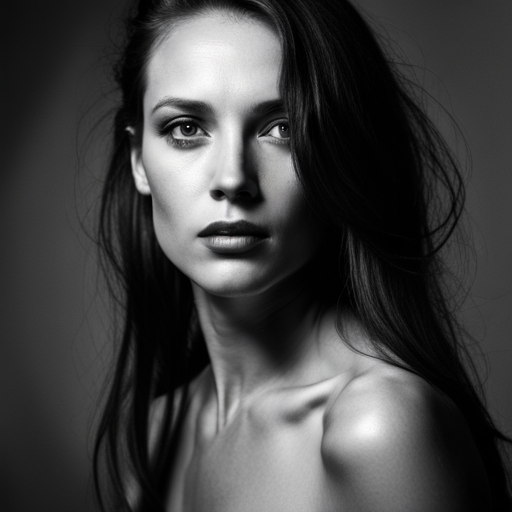 feminine strength, gracefulness, portrait, black and white, soft lighting, emotional expression, beauty, empowerment, contemporary, contrast, delicate features, monochrome, dramatic shadows, timeless elegance