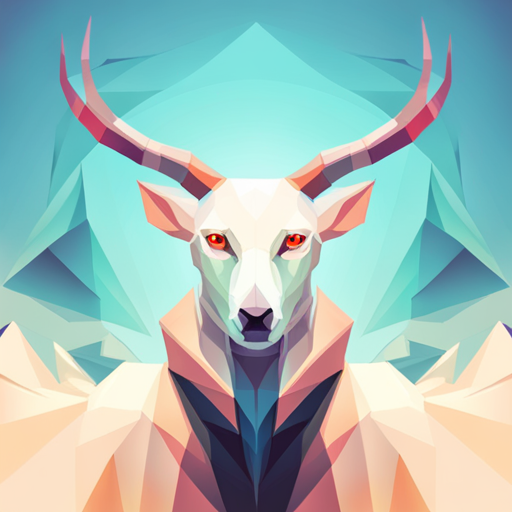 abstract, vector, low-poly, small, goat, antlers, robot, white background, geometric shapes, angular, blocky, digital, minimal, contrasting textures, polygonal, computer graphics, 3D modeling, wireframe, symmetry