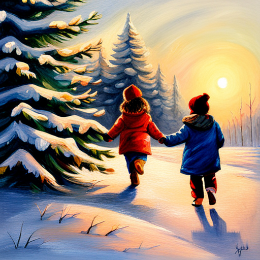 Winter, Children, Christmas Tree, Painting, Vintage, Oil on Canvas, Art, Holiday, Snow, Cozy, Nostalgia, Traditional, Landscape, Winter Scene, Festive, Warm Glow, Delicate Brushstrokes, Rich Colors, Classic Technique, Timeless, Charming, Playful, Joyful, Magical, Traditional Medium, Soft Lighting, Romantic, Detailed, Evocative, Storytelling, Innocence, Wonder, Curiosity, Memory, Anticipation