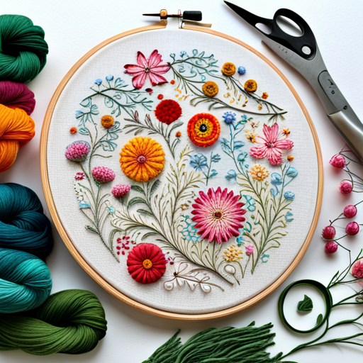 embroidery pattern, wildflower meadow, floral motifs, delicate stitches, intricate detailing, vibrant colors, nature-inspired, handmade, textile art, organic shapes, traditional craft, vintage aesthetic, botanical elements, floral composition, intricate patterns, textile design, artistic embellishments, line-art