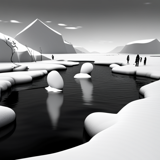 surrealism, winter, playful, grayscale, graphical, Arctic animals, animation, looping, ice skating, sliding, comedy