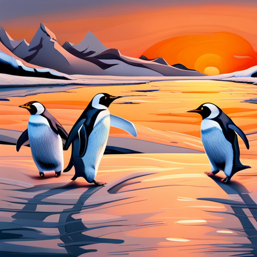 Happy, playful, sliding, Antarctica, Emperor Penguins, sliding tracks, ocean waves, icy landscape