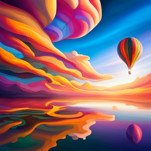 ethereal lighting, fantastical perspective, magical realism, colorful palette, dreamlike landscape, whimsical hot air balloon, floating sensation, vibrant colors, large scale, imaginative composition, surreal atmosphere, fantasy elements, otherworldly adventure