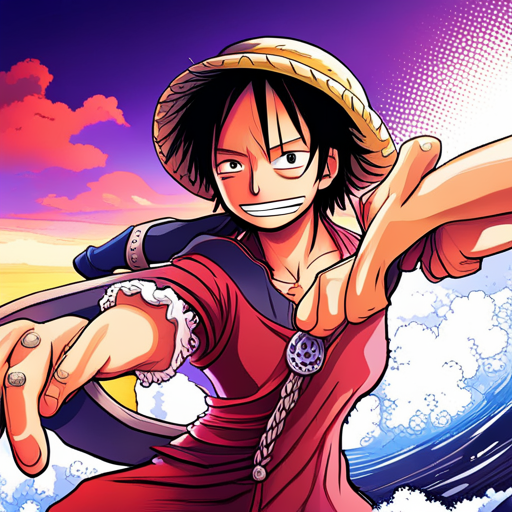 One Piece characters, vibrant colors, dynamic poses, action-packed scenes, epic battles, pirate adventure, intricate details, exaggerated proportions, comic book style, high energy, Shonen manga, unique character designs, emotional expressions, oceanic themes, devil fruits, straw hats, grand line, marine admirals, Yonko, character development, friendship, loyalty, dreams, determination, epic storytelling, large ensemble cast, mythical creatures, supernatural powers anime