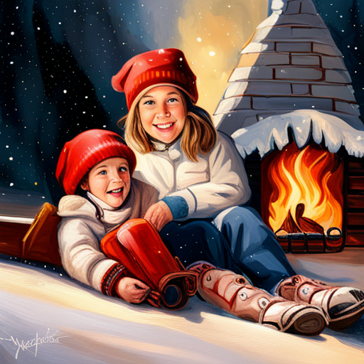 Winter Children, Christmas Tree, Painting, Snow, Joyful, Traditional, Classic, Realism, Light and Shadow, Colorful, Soft Brush Strokes, Holiday, Festive, Seasonal, Cold Weather, Celebratory, Nostalgic, Family, Childhood, Magical, Winter Wonderland, Snowflakes, Cozy, Fireplace, Presents, Sleigh, Horses, Winter Clothing, Excitement, Happiness, Innocence, Traditional Art, Wintertime, Festivities