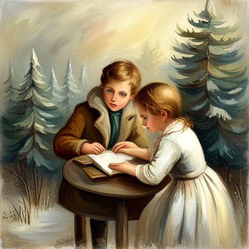 vintage, oil painting, classical, impressionism, muted colors, textured brushstrokes, 19th century, romanticism, traditional, natural lighting, landscape, nostalgia, delicate, thick paint, expressive, European, atmospheric, serene, rustic, aged, soft edges, analog-film, Winter Children under a Christmas Tree Painting, classic
