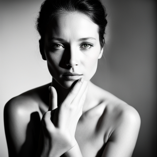 feminine strength, gracefulness, portrait, black and white, soft lighting, emotional expression, beauty, empowerment, contemporary, contrast, delicate features, monochrome, dramatic shadows, timeless elegance, chiaroscuro, Renaissance influence, ethereal mood