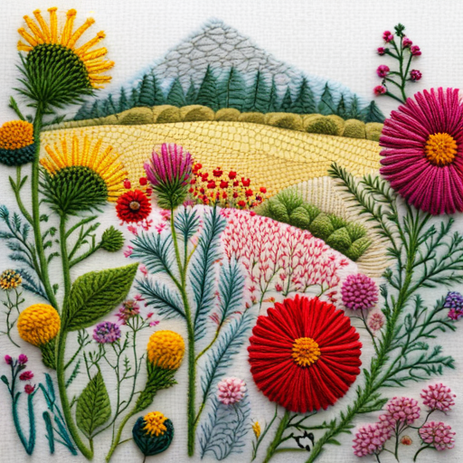 embroidery pattern, wildflower meadow, floral motifs, delicate stitches, intricate detailing, vibrant colors, nature-inspired, handmade, textile art, organic shapes, traditional craft, vintage aesthetic, botanical elements, floral composition, intricate patterns, textile design, artistic embellishments, line-art, digital-art