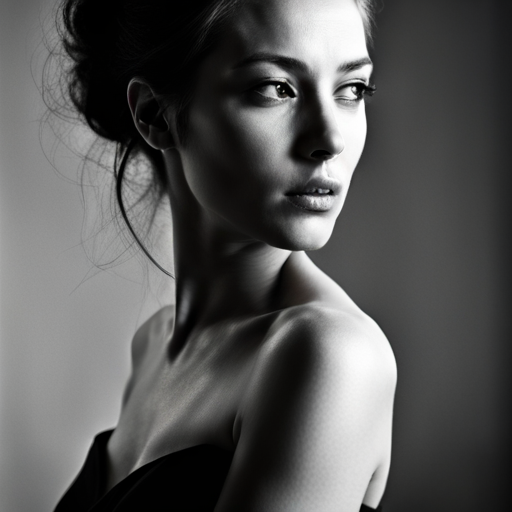 feminine strength, gracefulness, portrait, black and white, soft lighting, emotional expression, beauty, empowerment, contemporary, contrast, delicate features, monochrome, dramatic shadows, timeless elegance