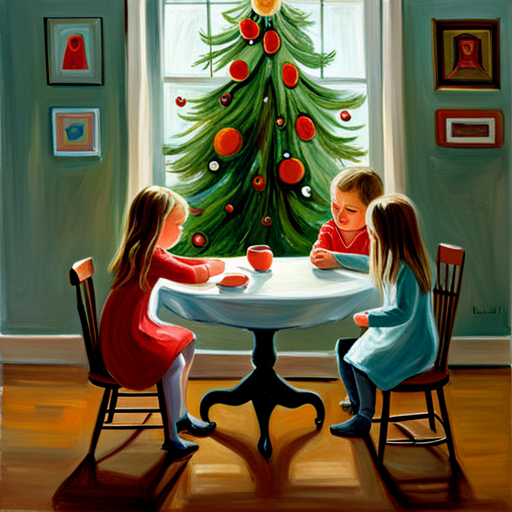 detailed painting, Laura Muntz Lyall, American impressionism, impressionism, oil on canvas, children, table, Christmas tree, fine art, traditional, nostalgic, cozy, warm lighting, intimate composition, vibrant colors, textured brushwork, realistic texture, medium brush strokes, soft edges, perspective, peaceful mood, cultural influences, holiday season, family, childhood memories