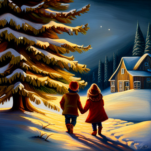 Winter, Children, Christmas Tree, Painting, Vintage, Oil on canvas, Artistic composition, Soft lighting, Warm colors, Textured brushwork, Impressionism, Nostalgia, Joyous mood, Outdoor scene, Snowy landscape, Traditional medium, Realism, Detailed brushwork, Classic art, Heartwarming, Holiday season, Festive atmosphere, Timeless beauty