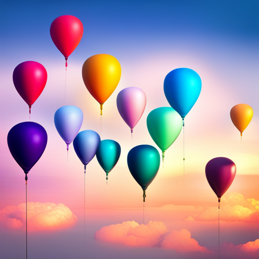 vibrant colors, floating, cheerful, celebration, joyous, whimsical, childhood memories, summer, outdoor, sky, clouds, sunny day, playfulness, festive, party, happiness