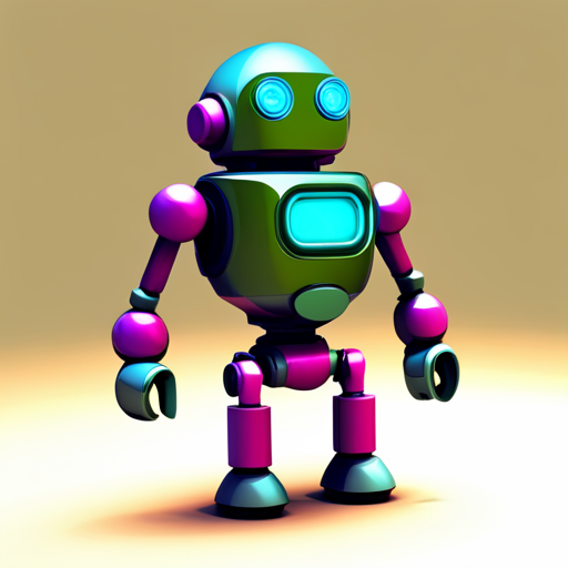 cute robot, low-poly, front-facing, rubber texture, whimsical fantasy, bright colors, mechanical parts, geometric shapes, childlike, toy-like, cute accessories