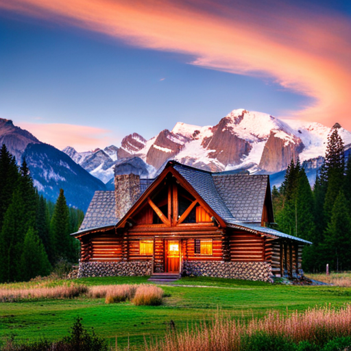 majestic, serene, landscape, peaceful, remote, solitude, cozy, rustic, wooden, cabin, mountains, nature, escape, retreat, tranquility, forest, trees, snow-capped, peaks, scenic enhance digital-art, photographic, artist names, impressionism, romanticism, Baroque, chiaroscuro lighting, rule of thirds composition, earth tones, soft and smooth textures, acrylic medium, brushstroke techniques, landscape subject matter, calm and contemplative mood, aerial perspective, flowing movement, cultural influences, large scale, natural materials, framed presentation, geometric shapes, bold and dynamic line quality, symbolism of nature, negative space, modern time period, high level of detail, Impressionist and Romantic artistic influences, capturing the essence of tranquility and serenity