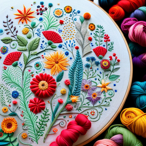 embroidery, pattern, wildflower meadow, vibrant colors, intricate details, hand-stitched, floral motifs, texture, needlework, spring blooms, nature-inspired, delicate, thread, stitching techniques, botanical art, meadow grass, artistic interpretation, traditional craft, embroidery hoop, lush foliage, wildflowers, organic shapes, fine craftsmanship