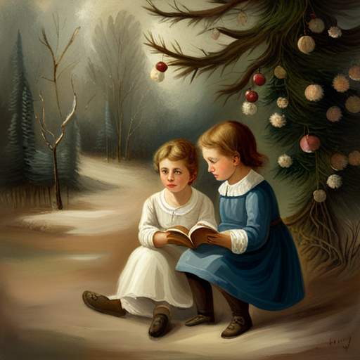 vintage oil, impersonalism, Winter Children under a Christmas Tree Painting, classic, muted colors